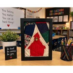 Upcycled Teacher Gift little red schoolhouse vintage quilt block in 5x7" frame